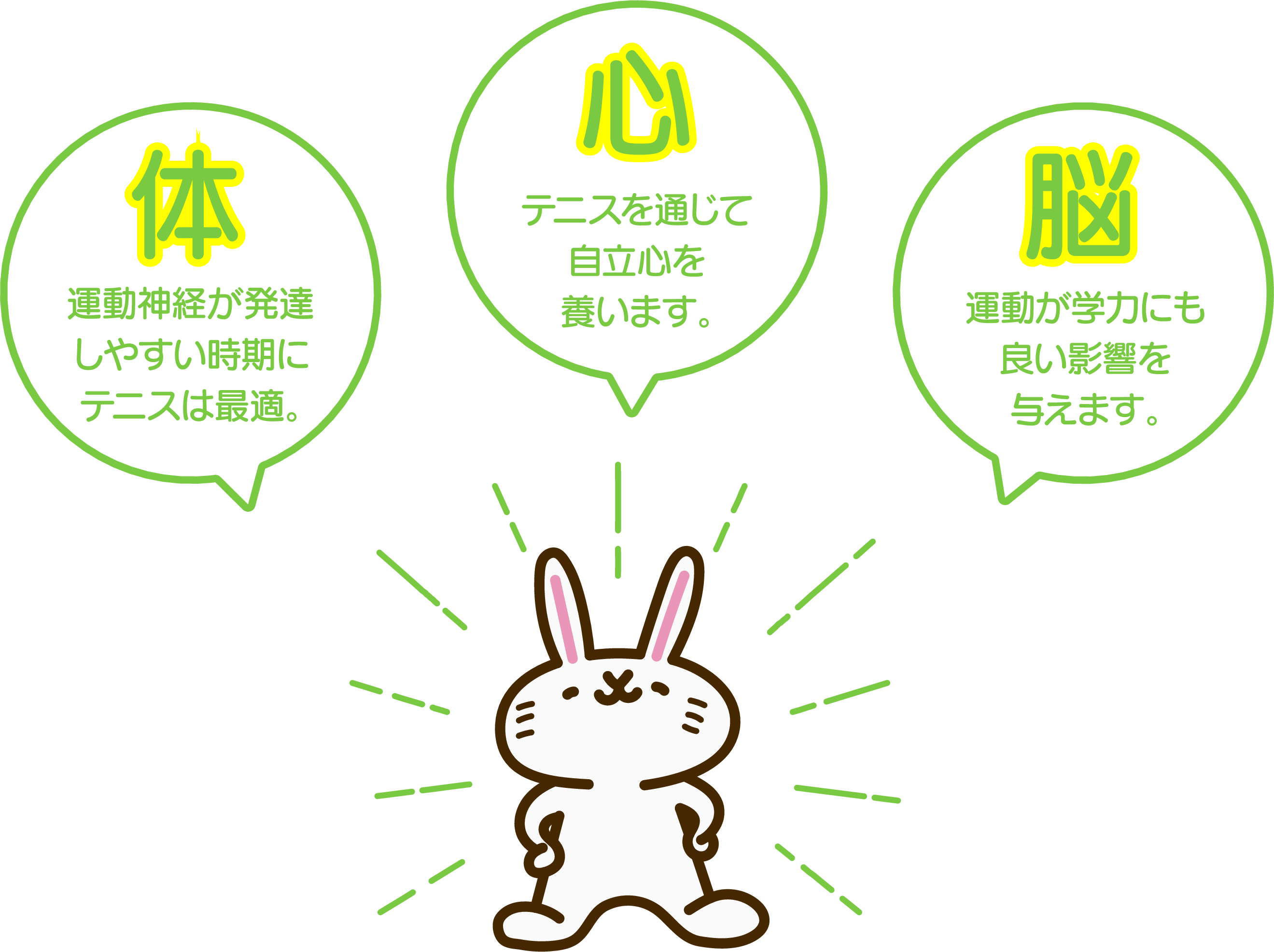 体: 運動神経が発達しやすい時期にテニスは最適。心: テニスを通じて自立心を養います。脳: 運動が学力にも良い影響を与えます。